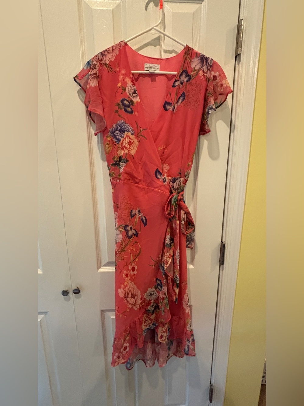 New York & Company Coral Floral Wrap Dress